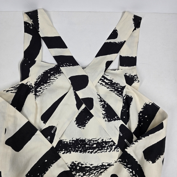 WHIT B&W Abstract Print Midi Dress XS Linen Silk Tie Waist Tulip Skirt BeachBoho - Picture 6 of 14